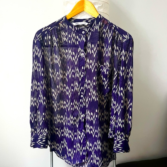 Zara Purple Pattern Semi Sheer Long Sleeve Blouse with Mandarin Collar Size S - Picture 2 of 8